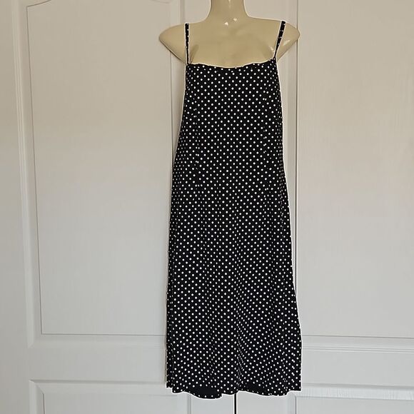 Women's Custom-Made Polka Dot Spaghetti Straps A-line Midi Dress M/L Black/White - Picture 2 of 16